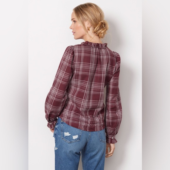 EVEREVE NWOT Maroon plaid ruffle top. Long sleeve. Button front. New. Size XS - Picture 4 of 9